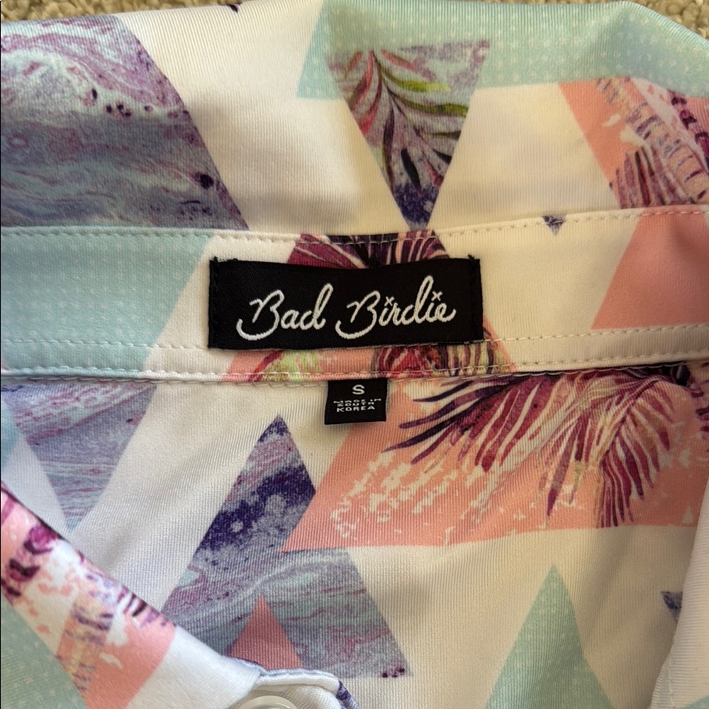 Bad Birdie Pink and Blue Polo Shirt with Modern Geometric Design - Picture 2 of 7